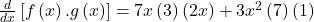 \frac d{dx}\left[f\left(x\right).g\left(x\right)\right]=7x\left(3\right)\left(2x\right)+3x^2\left(7\right)\left(1\right)